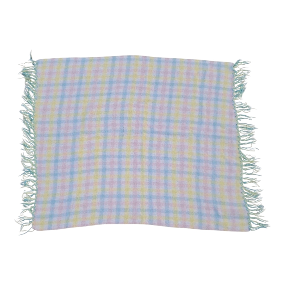​Vtg Pastel Plaid Baby Blanket - Blue Yellow Pink White - Woven Fringe 34"x39"
